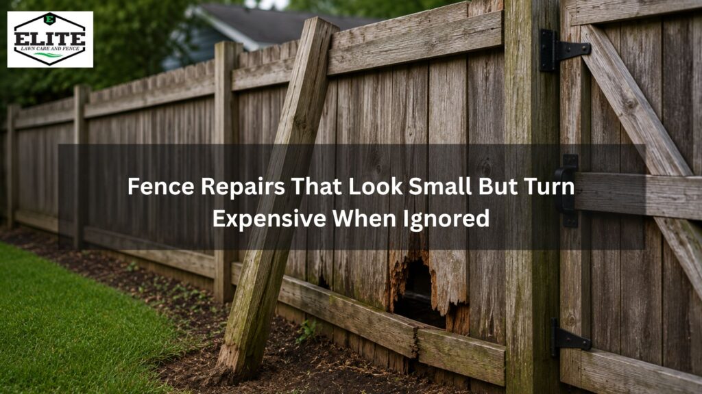 Close-up of a backyard fence with a loose board, leaning post, and dragging gate showing early fence repair problems