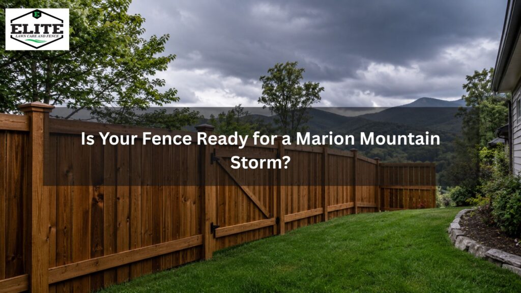 Backyard wood fence in Marion NC with dark storm clouds, wet grass, and strong fence posts before heavy rain