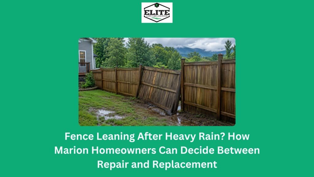 Leaning wood privacy fence after heavy rain in a wet Marion, North Carolina backyard