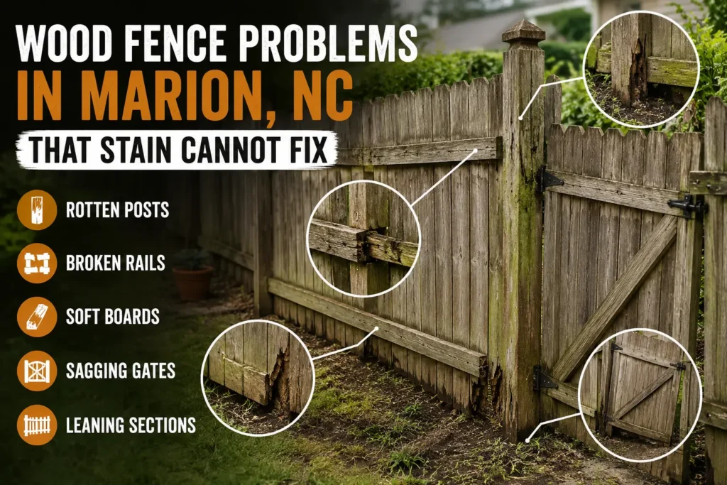 Damaged wood privacy fence with leaning posts and weathered boards in Marion, NC